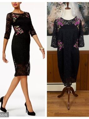 Pretty Thalia Sodi Black Lace Dress with Pink Floral Embroidery